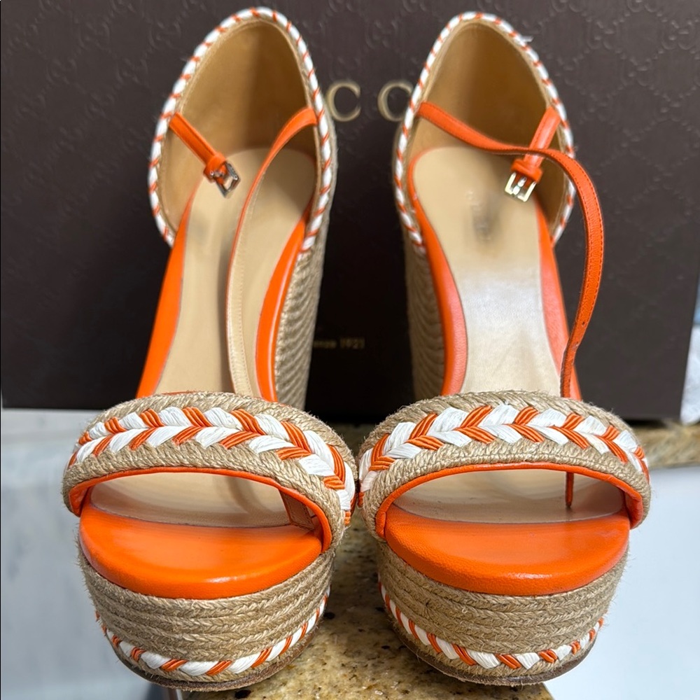 Gucci Orange and White Platform Sandals with Braided Detail